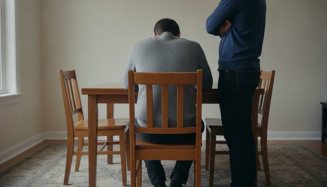 One person standing beside a dining table with arms folded and weight on one hip, their head above the top edge of the frame, next to a seated person who has leaned forward over the table with their head lowered onto their arms.