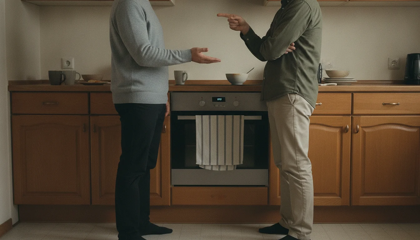 Two people standing in a kitchen, both cut off above the shoulders by the top edge of the frame, one holding a palm-up hand out in a question while the other points a finger back.