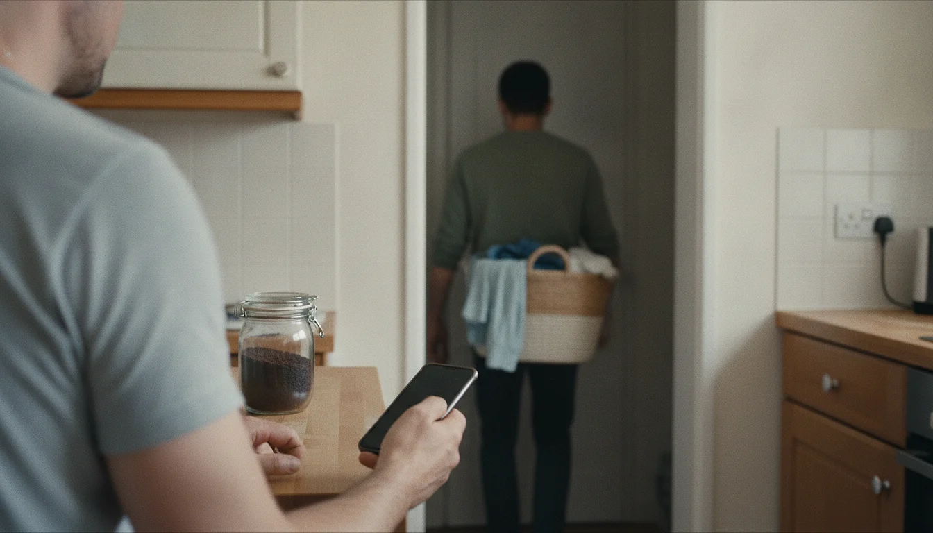 A person standing at a kitchen worktop holding a phone low in one hand, its screen angled away, while a second person passes through the room behind them out of focus.