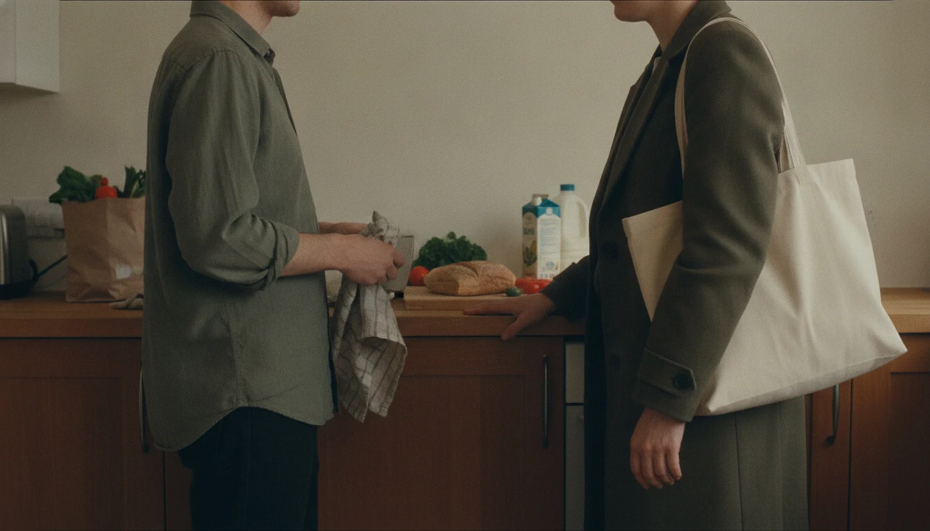 Two people at a kitchen counter at the end of a workday, both cut off above the shoulders by the top edge of the frame, one holding a cloth and the other with a bag still on their shoulder, bodies turned fully toward each other.
