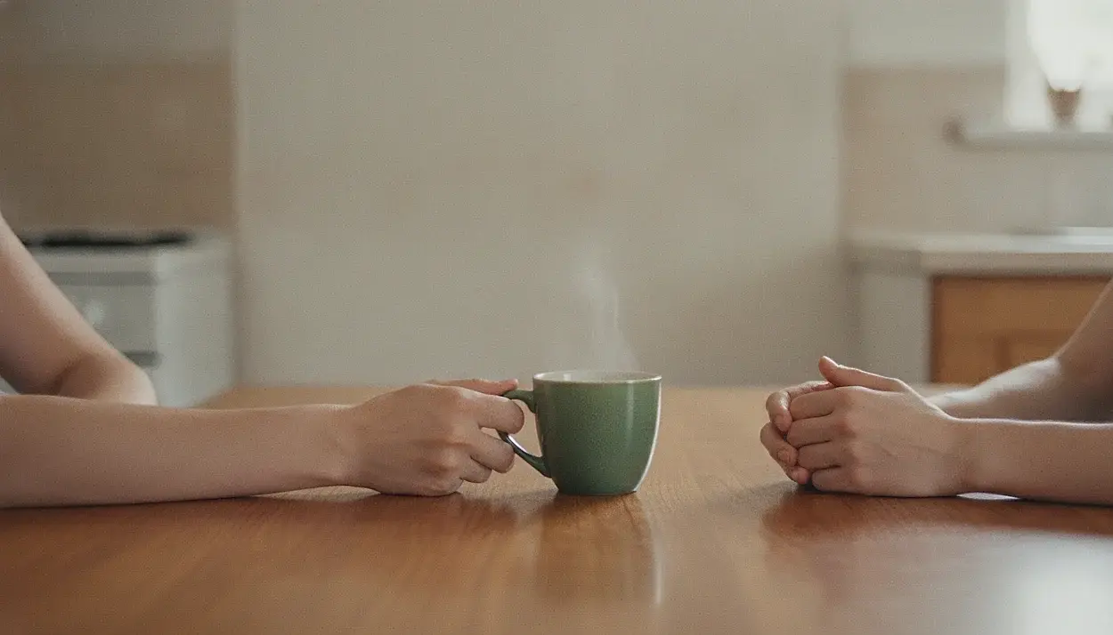 Two pairs of adult hands on a wooden table, one pushing a green-glazed mug of tea across toward the other, which stays loosely folded together on the tabletop.