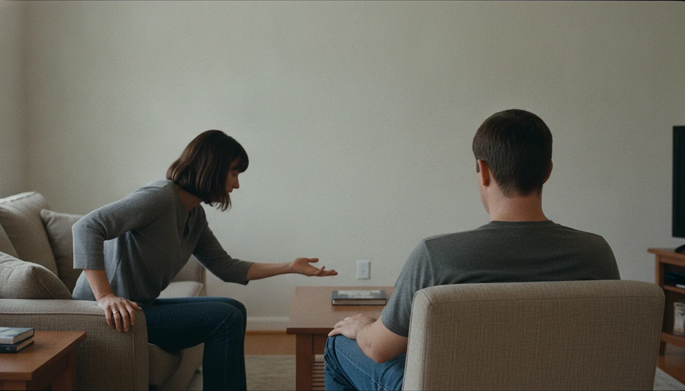 A woman on a sofa leaning toward a man in an armchair with one hand extended, while he sits with his back to the camera, shoulders squared and head still, facing the far wall.