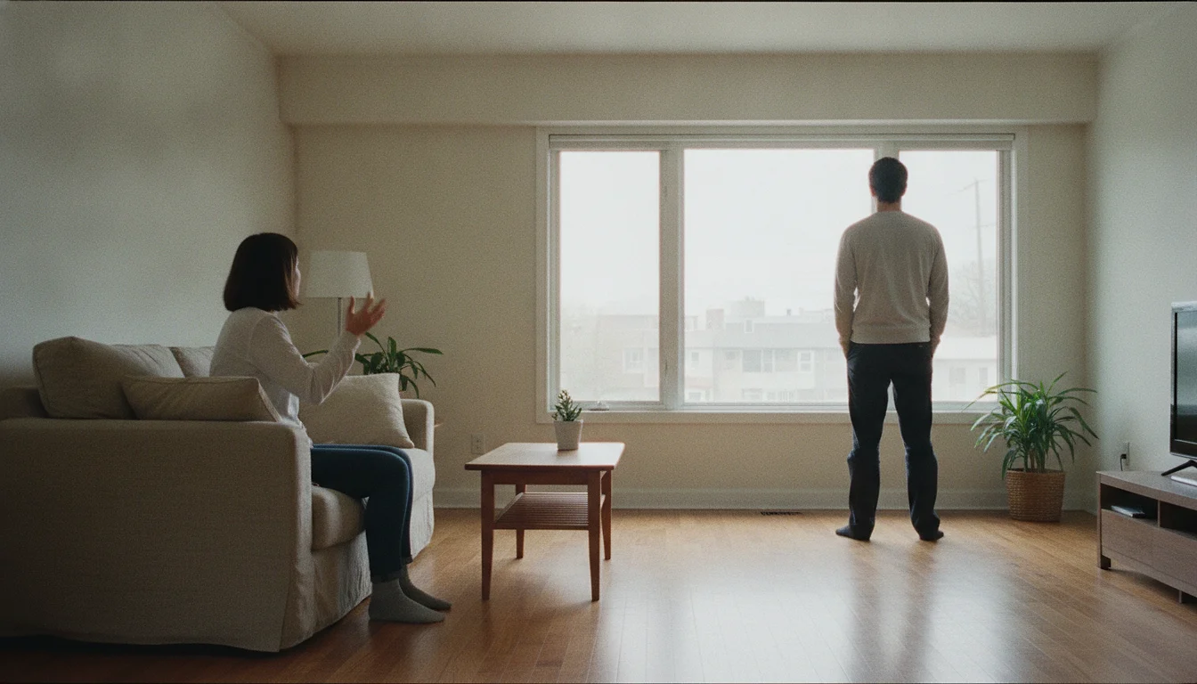 A woman perched on the arm of a sofa with one hand half-raised and then dropped, while a man stands entirely still at a far window with his back to the room.