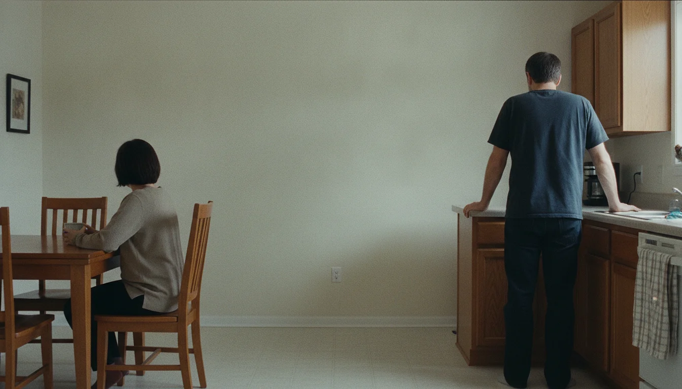 A man in a kitchen who has stepped back from the table, both hands laid flat on the counter behind him, giving space to a woman still seated with her body turned away.