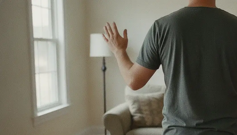 Seen from behind, a person in a quiet living room holds one hand raised palm outward in a clear pause signal, their head above the top edge of the frame.