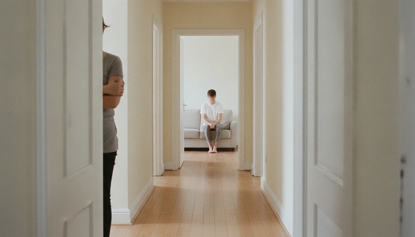 A person standing in a hallway with their back against a closed white door, arms folded, while further inside the flat a second person sits motionless on the edge of a sofa, out of focus.